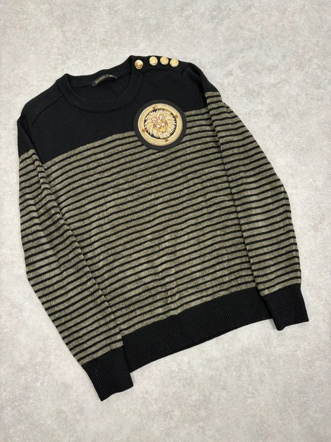 2015 Balmain H&M Striped Signature Buttoned Sweater HTIbXrP 3