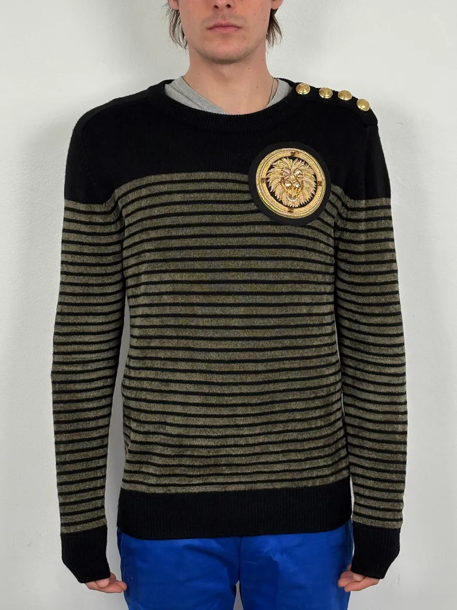 2015 Balmain H&M Striped Signature Buttoned Sweater HTIbXrP 1