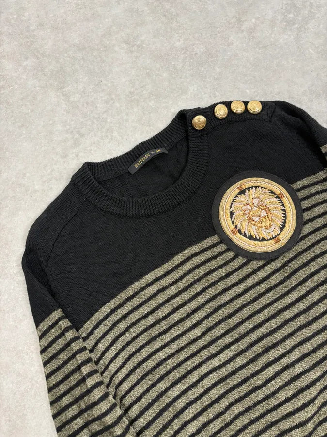 2015 Balmain H&M Striped Signature Buttoned Sweater HTIbXrP 4