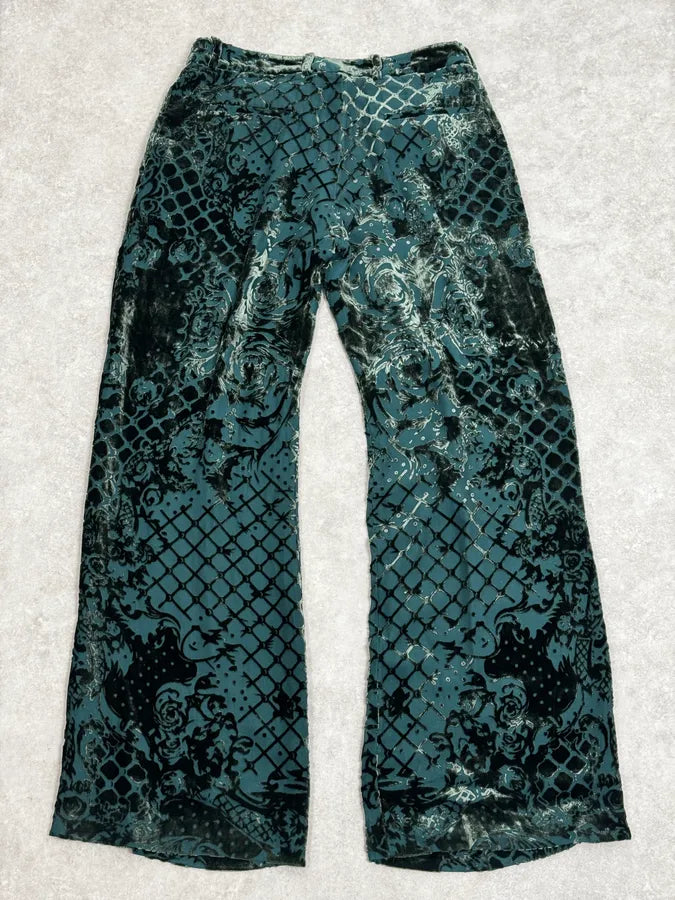 2015 Balmain H&M Velvet Floral Green & Black Pants UvwxZao 4