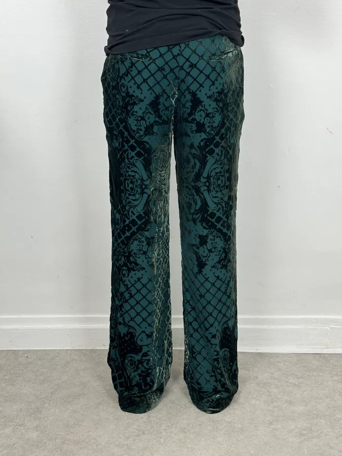 2015 Balmain H&M Velvet Floral Green & Black Pants UvwxZao 3