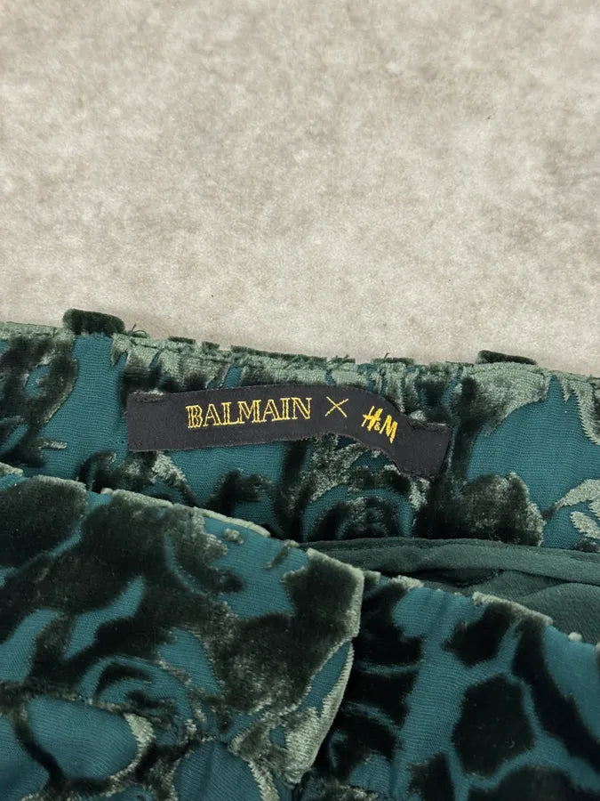 2015 Balmain H&M Velvet Floral Green & Black Pants UvwxZao 8