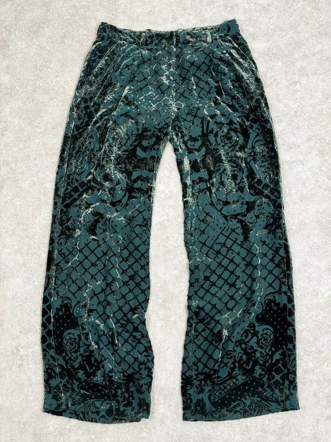 2015 Balmain H&M Velvet Floral Green & Black Pants UvwxZao 0