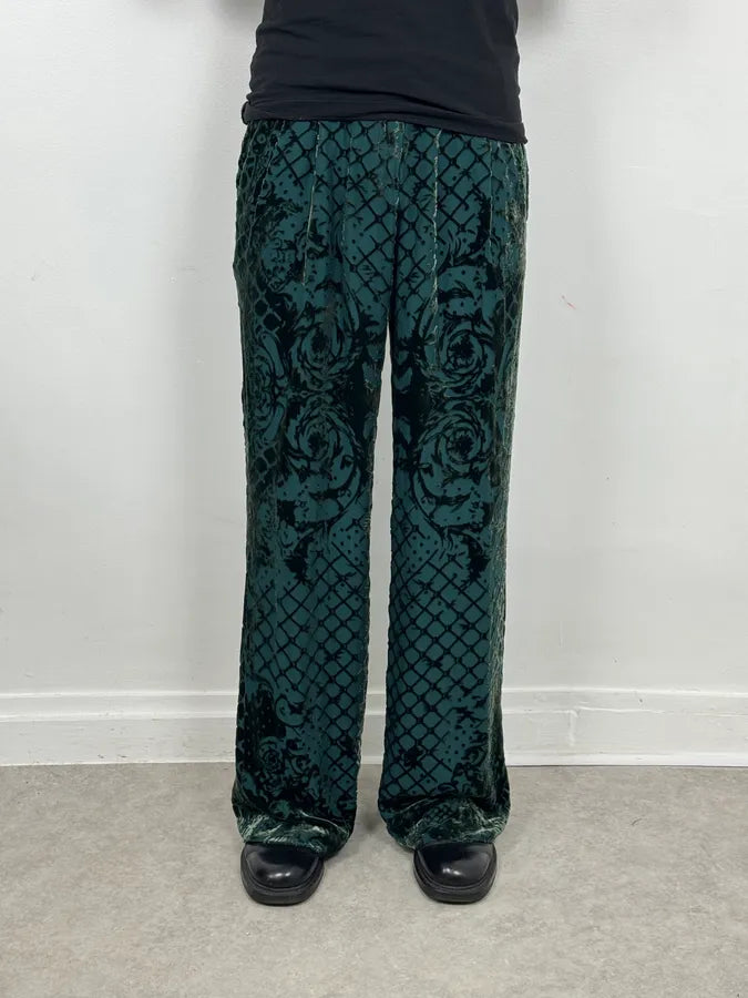 2015 Balmain H&M Velvet Floral Green & Black Pants UvwxZao 1