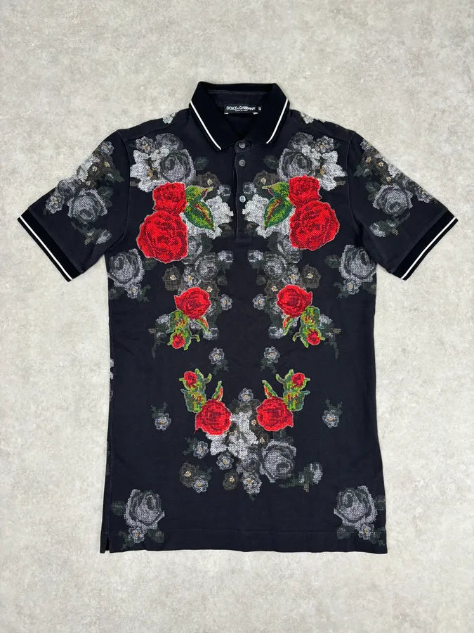 2010s Dolce & Gabbana Black Polo Cotton Floral Embroidered  AMDqKuG 0