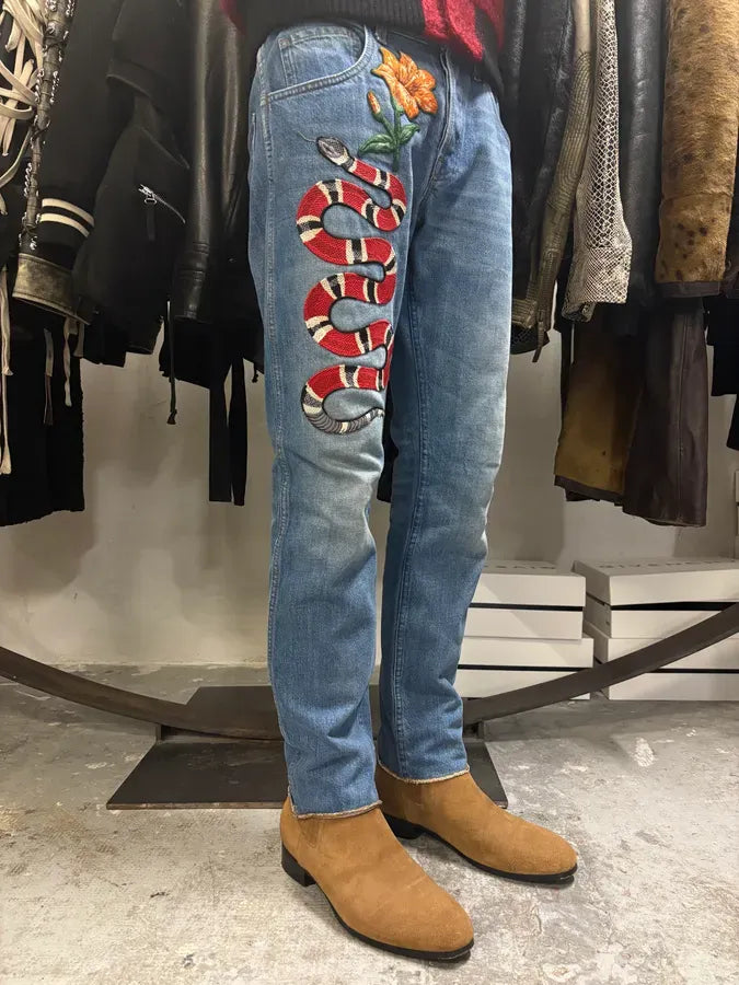 2016 Gucci Snake Emboired Denim Jeans CLoUytK 1