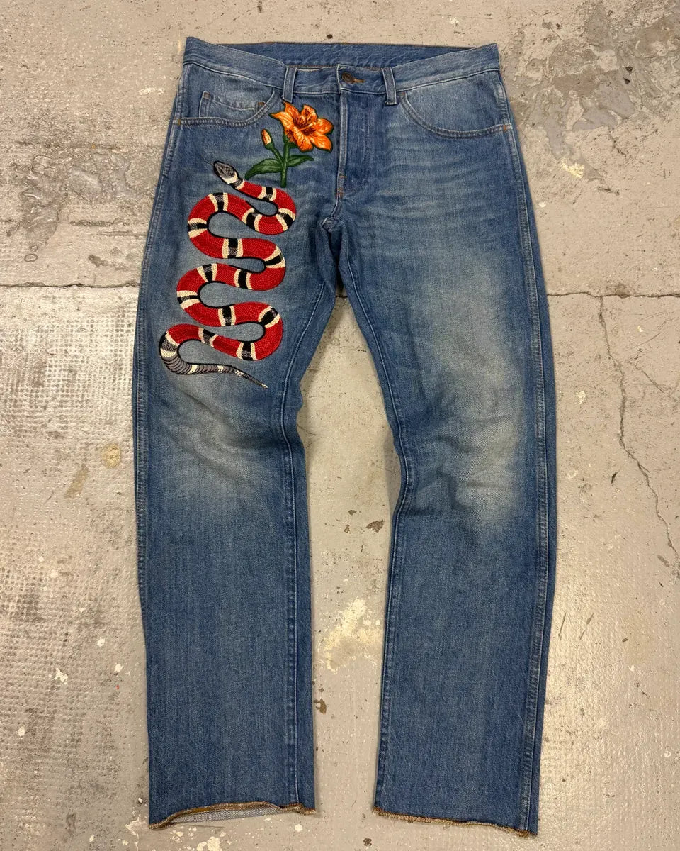 2016 Gucci Snake Emboired Denim Jeans CLoUytK 3