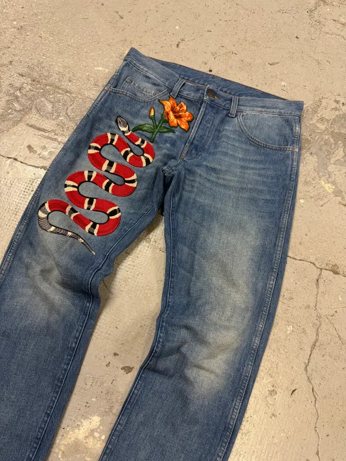 2016 Gucci Snake Emboired Denim Jeans CLoUytK 4