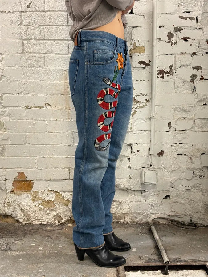 2016 Gucci Snake Emboired Denim Jeans CLoUytK 9