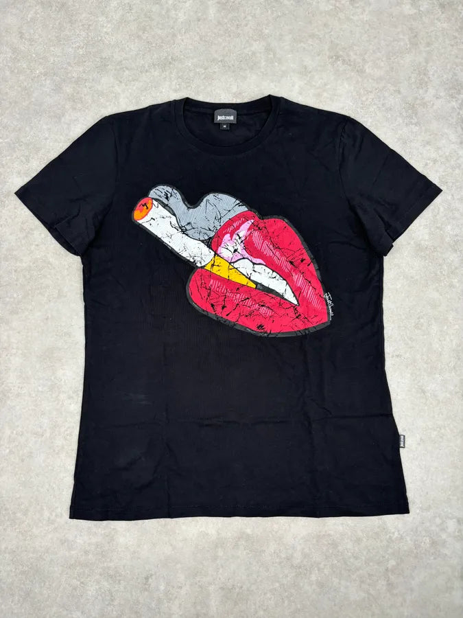 SS2016 Cavalli Black Cotton Graphic Lip Smoke Cigarette T-Shirt dgiNPXn 0
