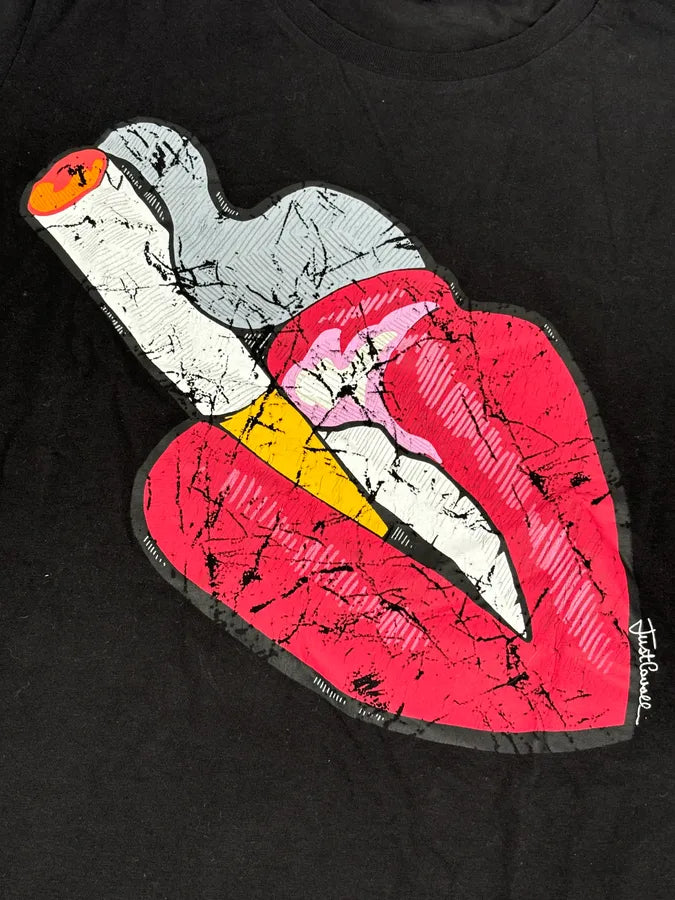 SS2016 Cavalli Black Cotton Graphic Lip Smoke Cigarette T-Shirt dgiNPXn 6