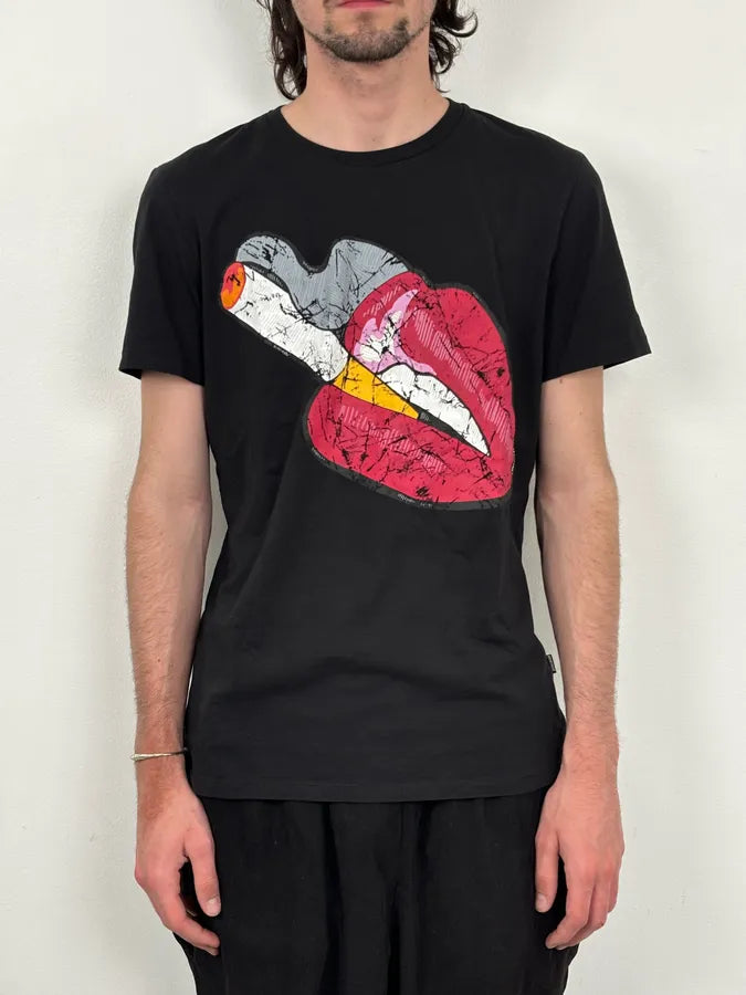 SS2016 Cavalli Black Cotton Graphic Lip Smoke Cigarette T-Shirt dgiNPXn 1