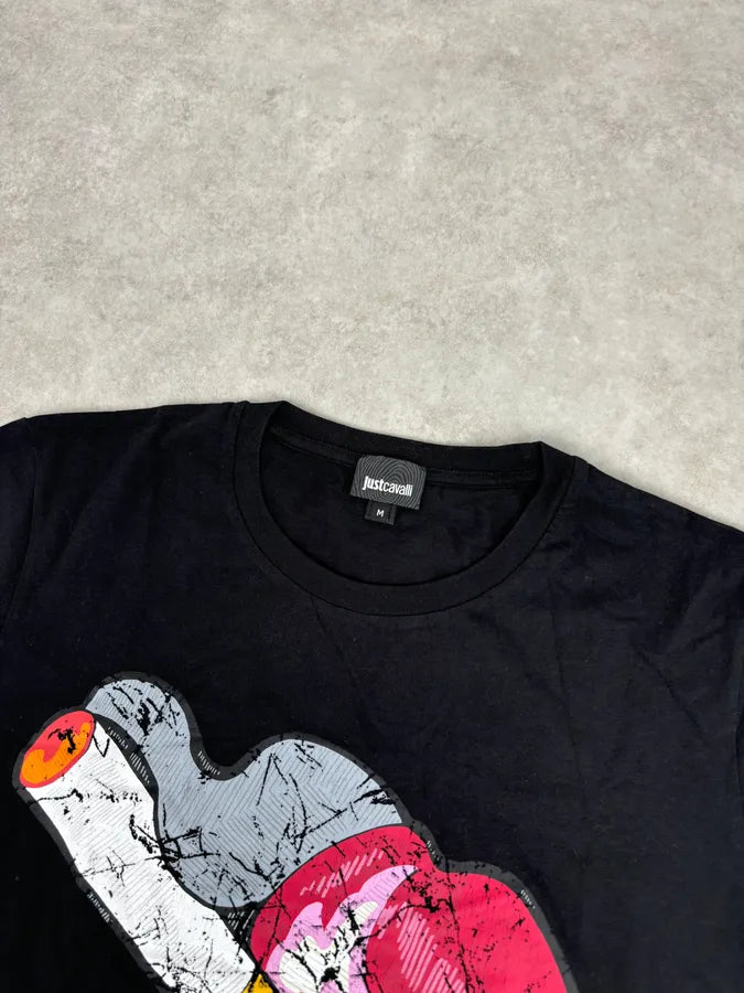 SS2016 Cavalli Black Cotton Graphic Lip Smoke Cigarette T-Shirt dgiNPXn 3