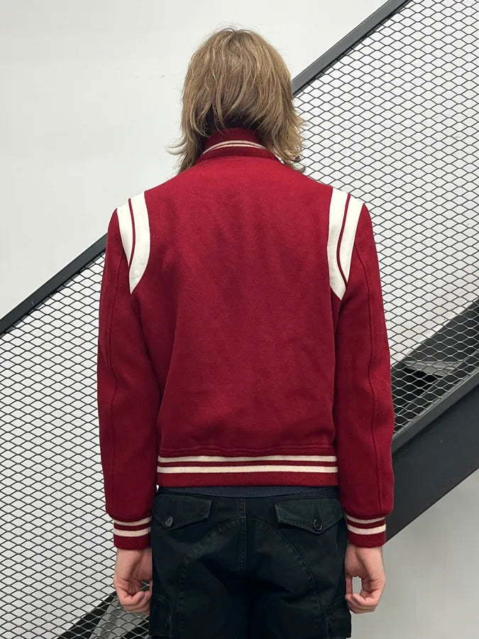 SS2019 Saint Laurent Red Wool Varsity Stripe Teddy Jacket upFGRSe 2