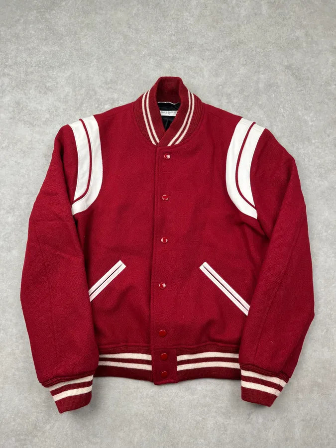 SS2019 Saint Laurent Red Wool Varsity Stripe Teddy Jacket upFGRSe 0