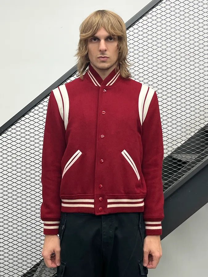 SS2019 Saint Laurent Red Wool Varsity Stripe Teddy Jacket upFGRSe 1
