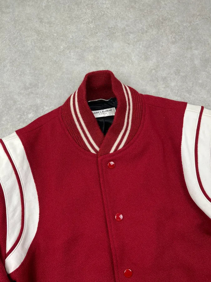 SS2019 Saint Laurent Red Wool Varsity Stripe Teddy Jacket upFGRSe 5