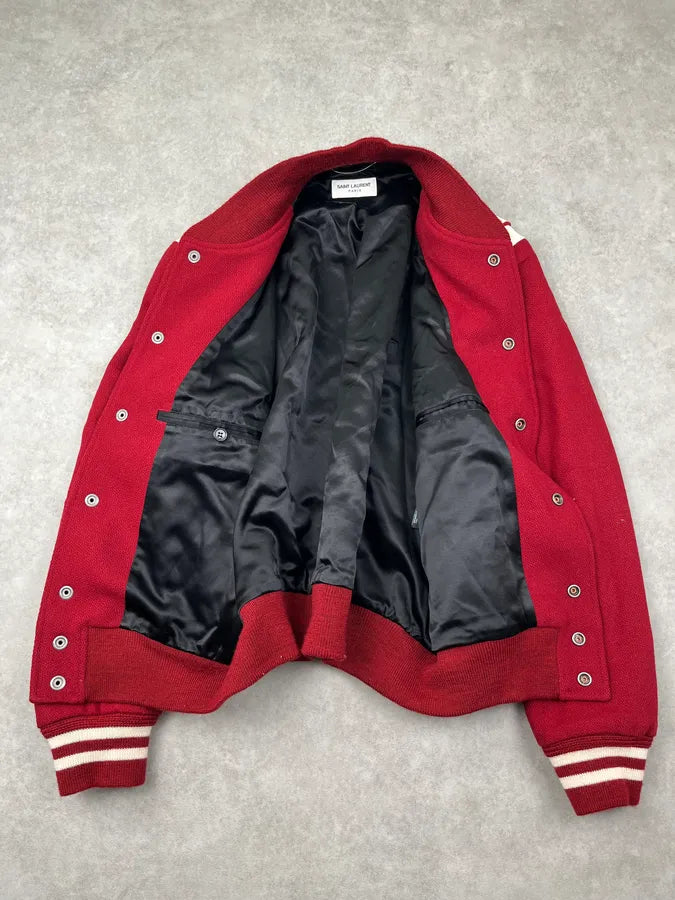 SS2019 Saint Laurent Red Wool Varsity Stripe Teddy Jacket upFGRSe 4