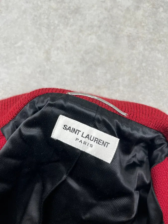 SS2019 Saint Laurent Red Wool Varsity Stripe Teddy Jacket upFGRSe 8