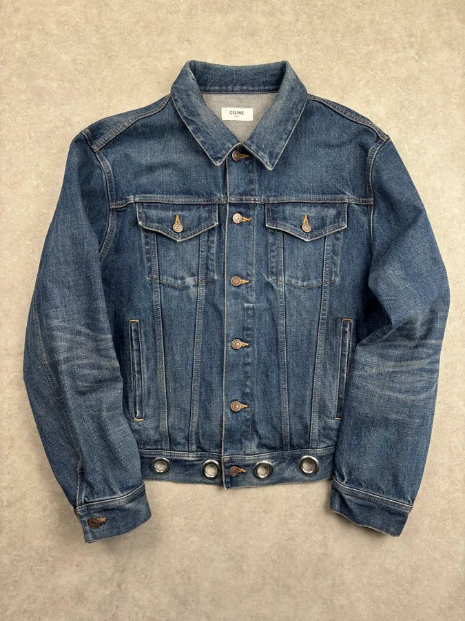 AW2022 Celine Blue Eyelet Denim Jacket huvGkQN 0