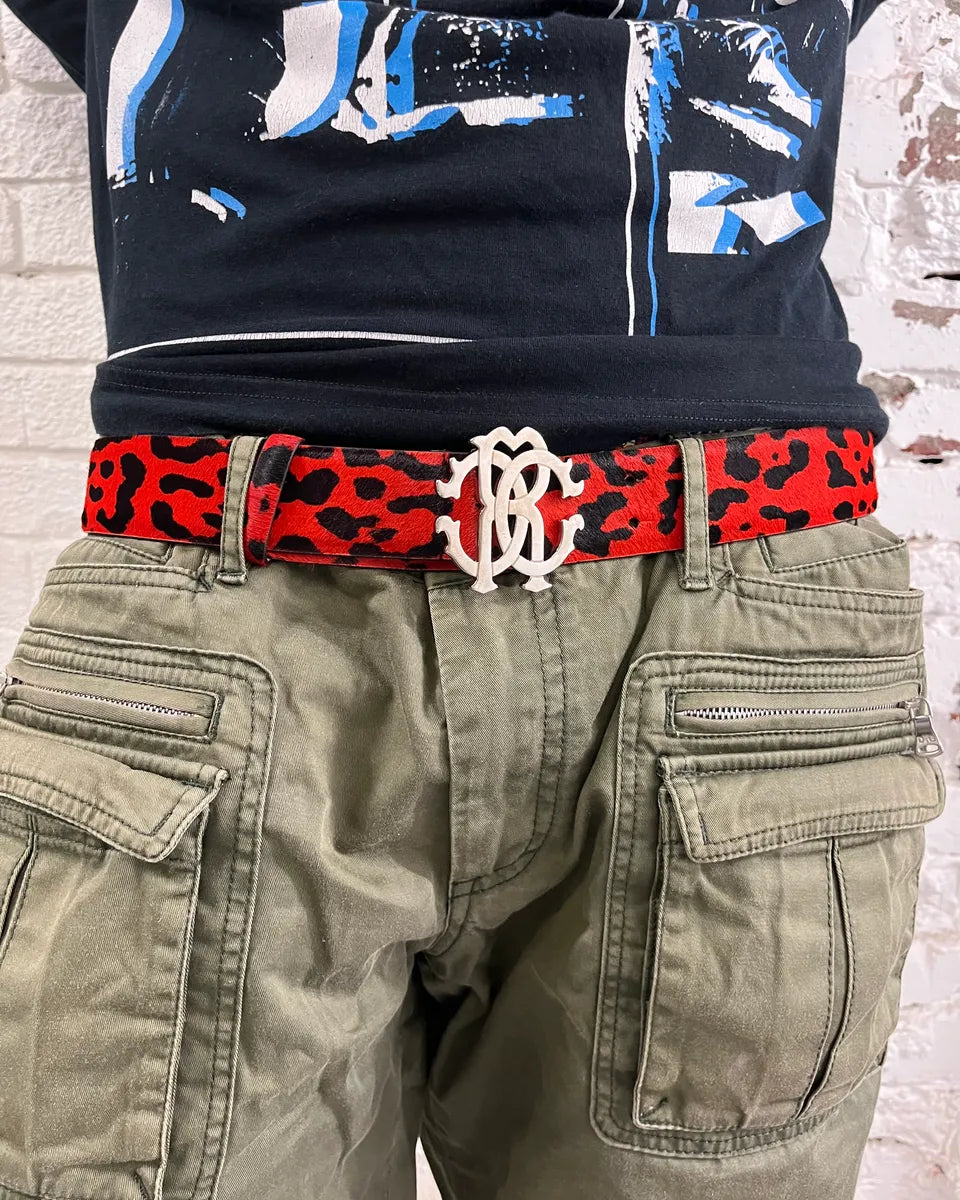 2025 Roberto Cavalli Red Pony Hair Leopard Belt wDPxgJV 0