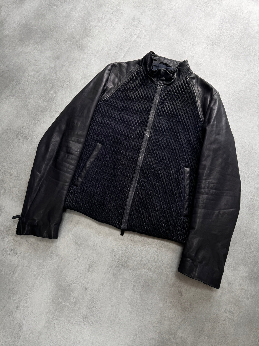 SS2014 Giorgio Armani Plissé Navy Leather Jacket