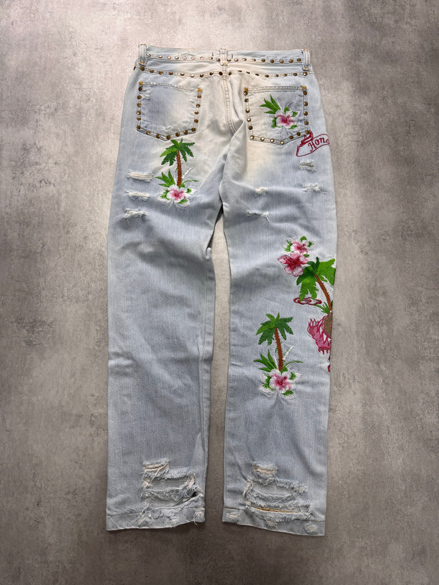 SS2006 Dolce & Gabbana Haiwai Honolulu Embroideries Distressed Denim Jeans (S/M)