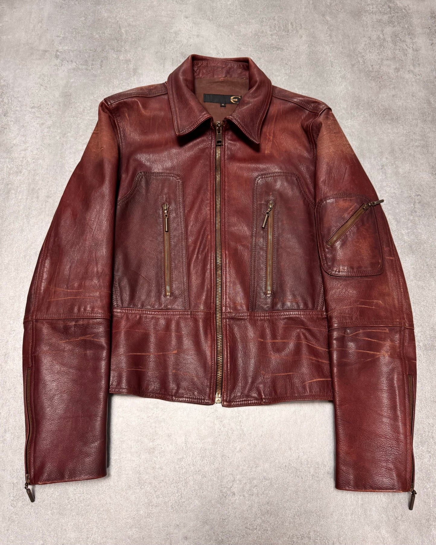 2000s Cavalli Fight Club Faded Burgundy Leather Jacket (S/M)