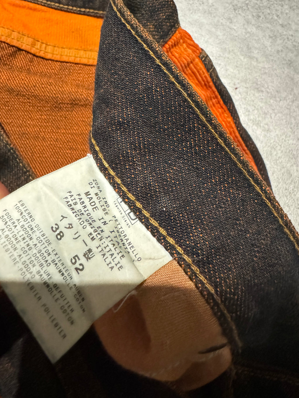 2000s Cavalli Straight Large Orange Velvet & Faded Denim Jeans (L) - 5