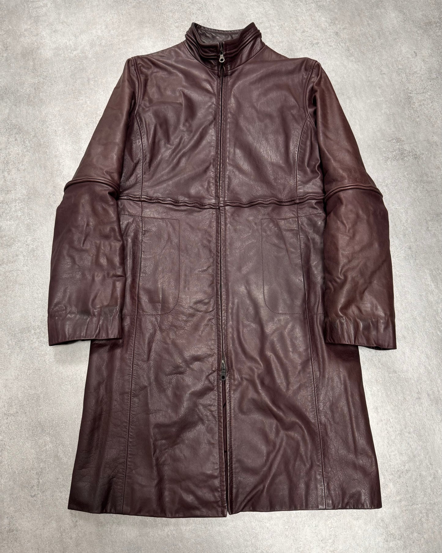 2000s Armani Old Wine Leather Trench Coat (XS)