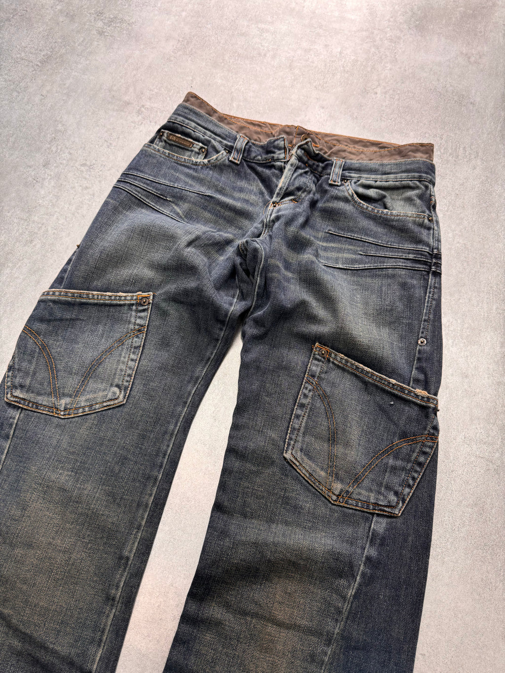 AW2003 Dolce & Gabbana Double-Waisted Sun Faded Denim Cargo Jeans