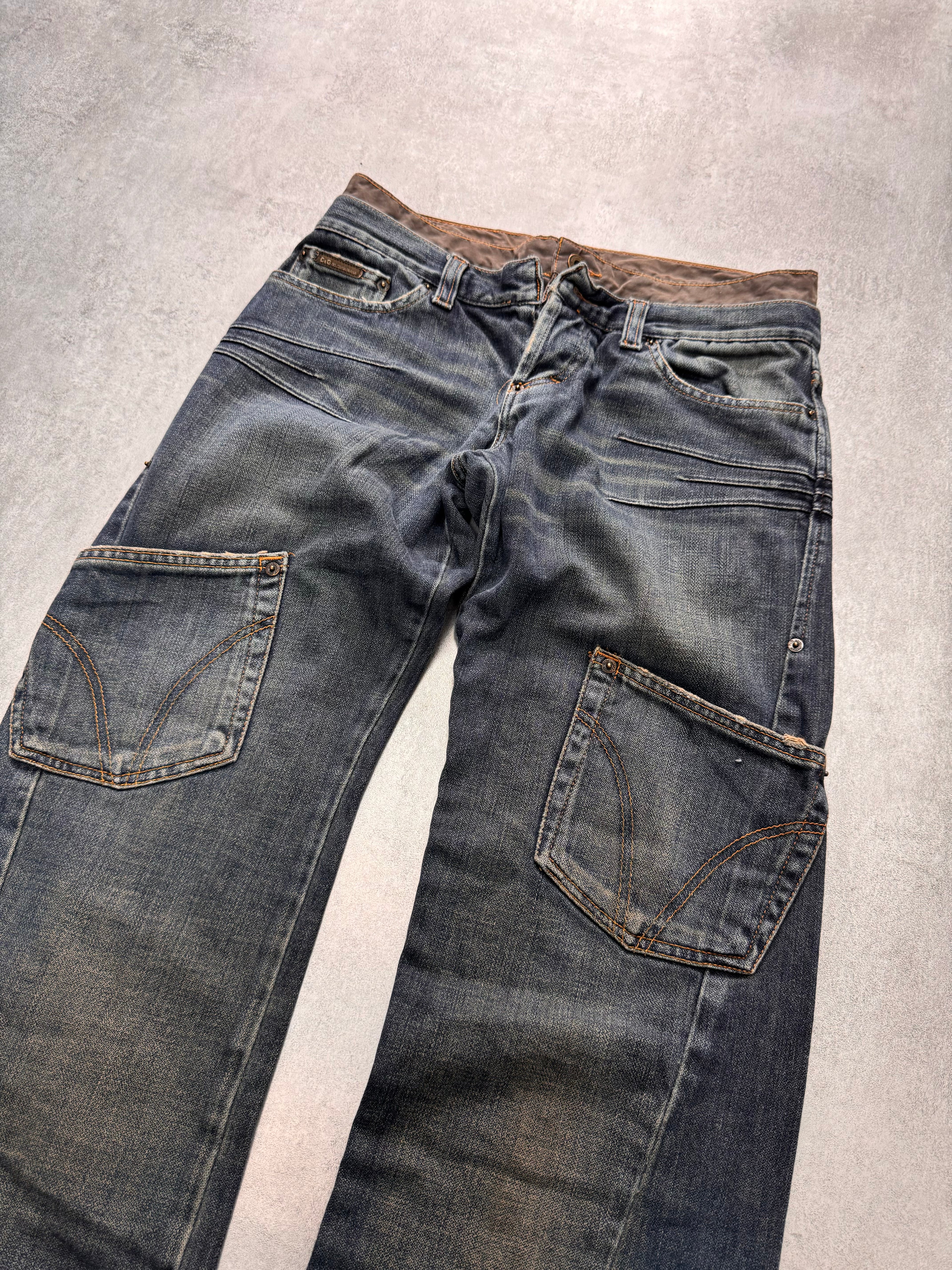 AW2003 Dolce & Gabbana Double-Waisted Sun Faded Denim Cargo Jeans