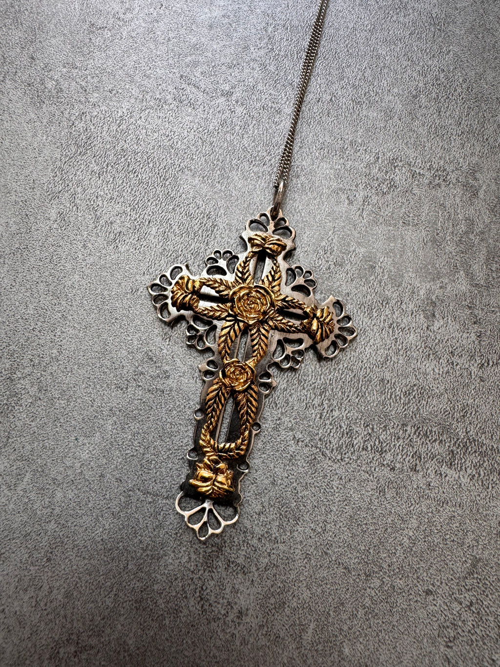 Roberto Cavalli Golden Roses Cross Pendant Stainless Necklace