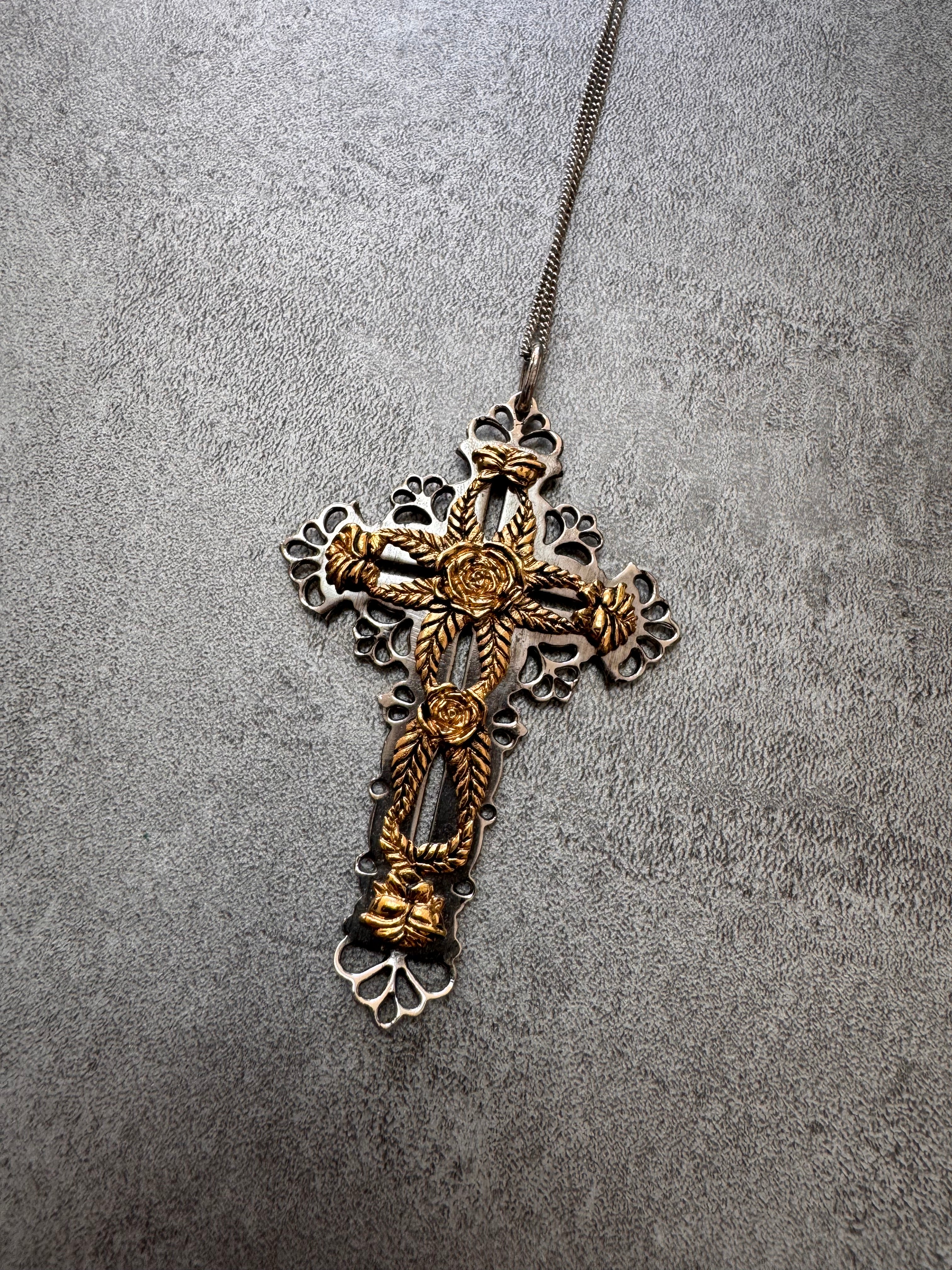 Roberto Cavalli Golden Roses Cross Pendant Stainless Necklace