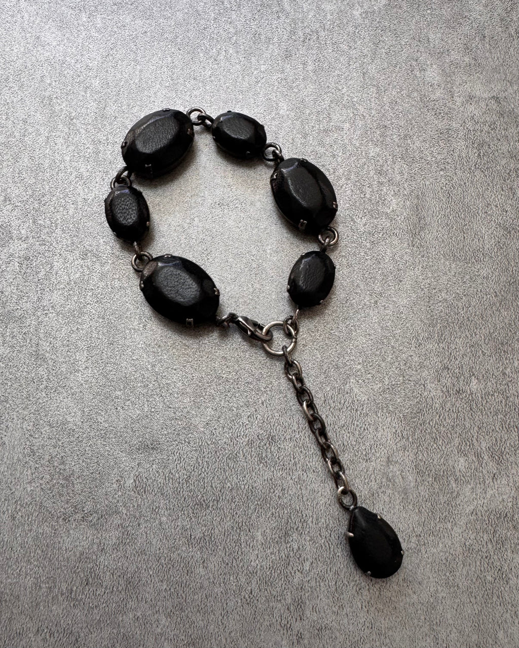 2000s Jean Paul Gaultier Black Leather Gemstone Metal Bracelet
