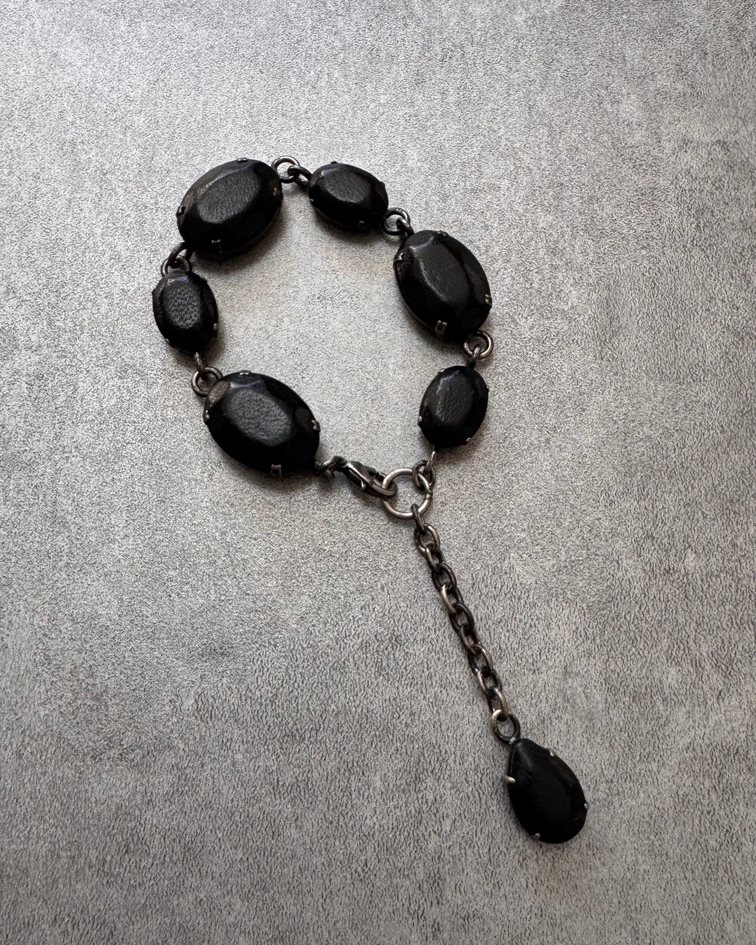 2000s Jean Paul Gaultier Black Leather Gemstone Metal Bracelet