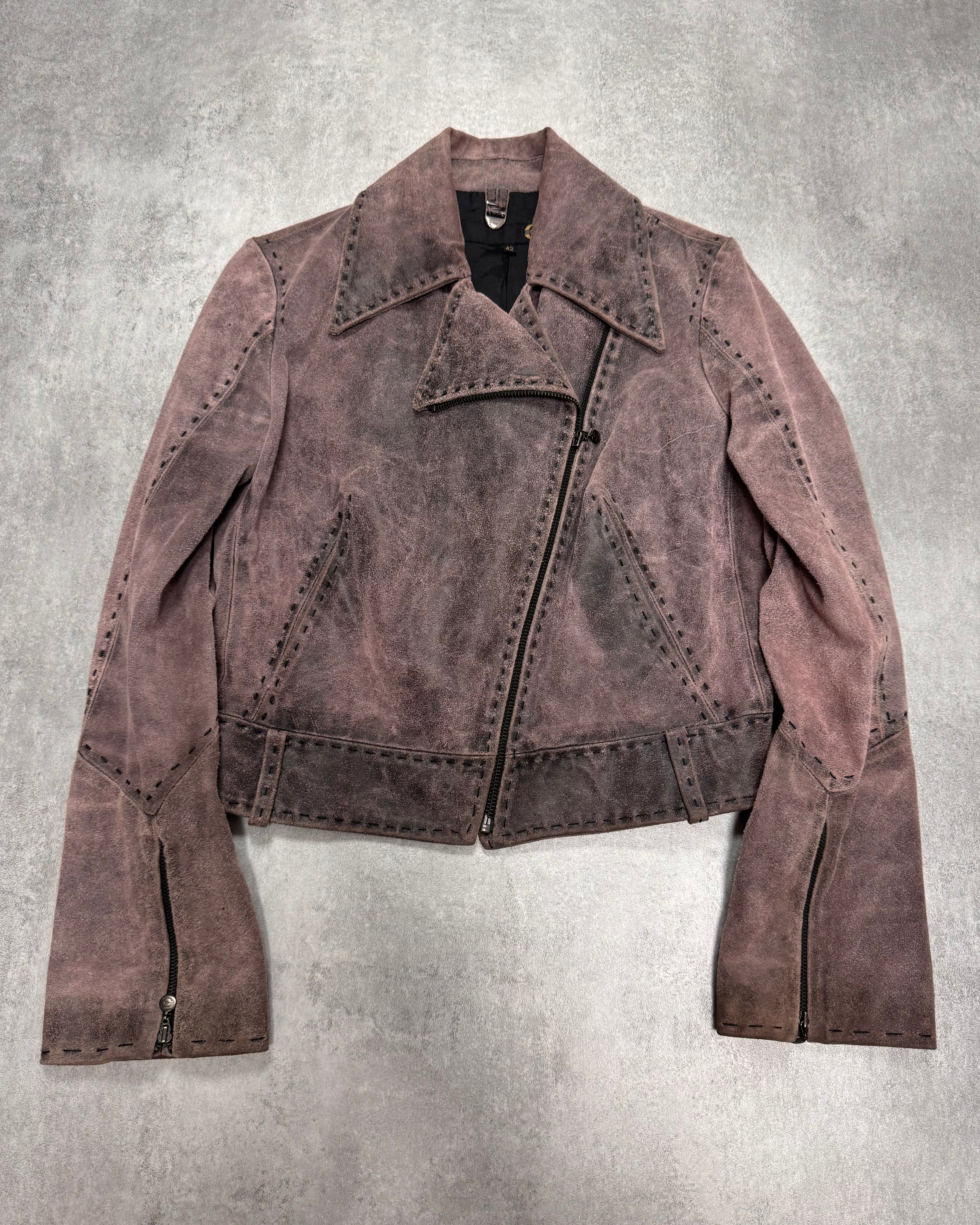 2000s Cavalli Raw Purple Grey Asymmetrical Leather Jacket