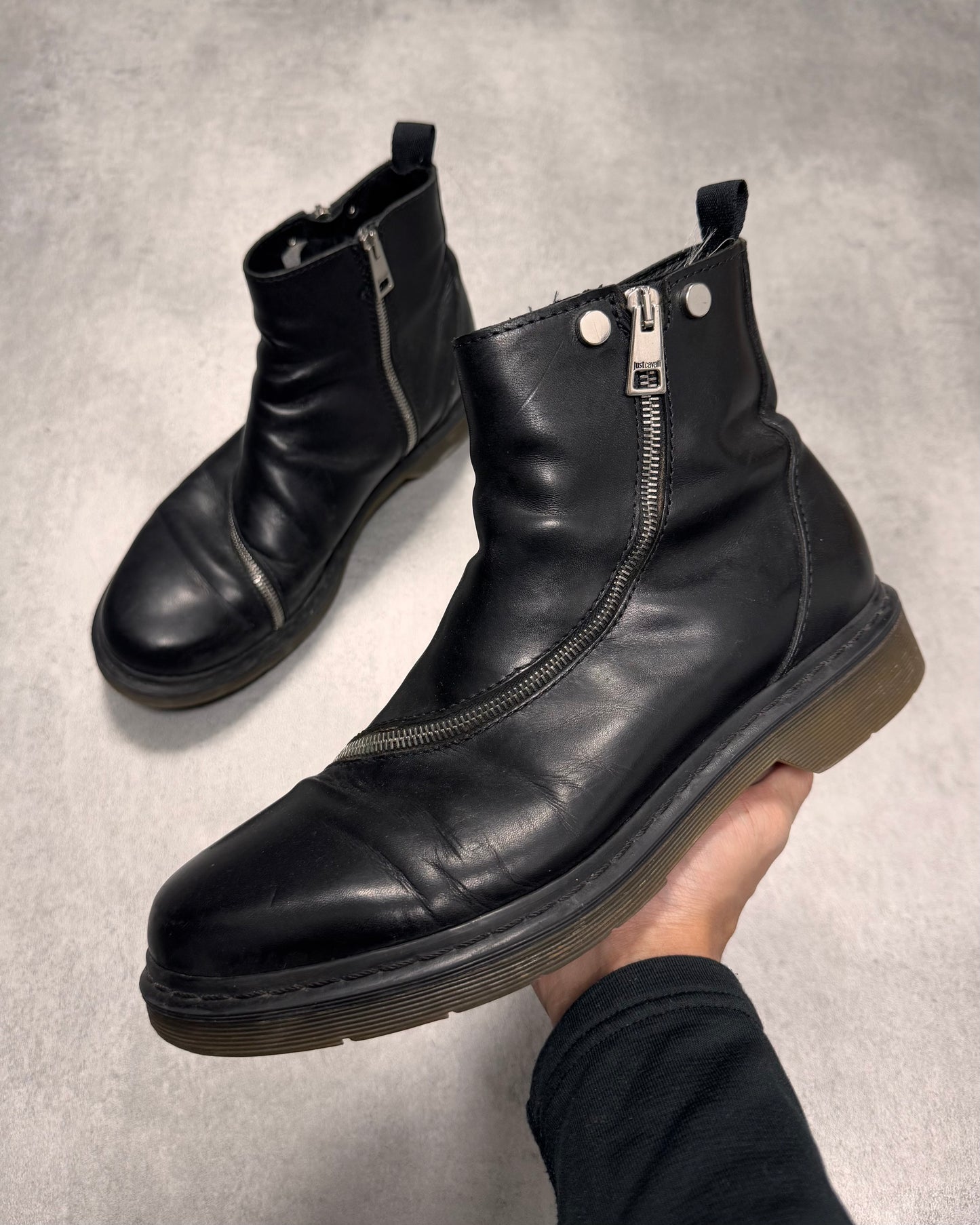 AW2015 Cavalli Metal Circular Zip Black Leather Boots (43eu/us9,5)