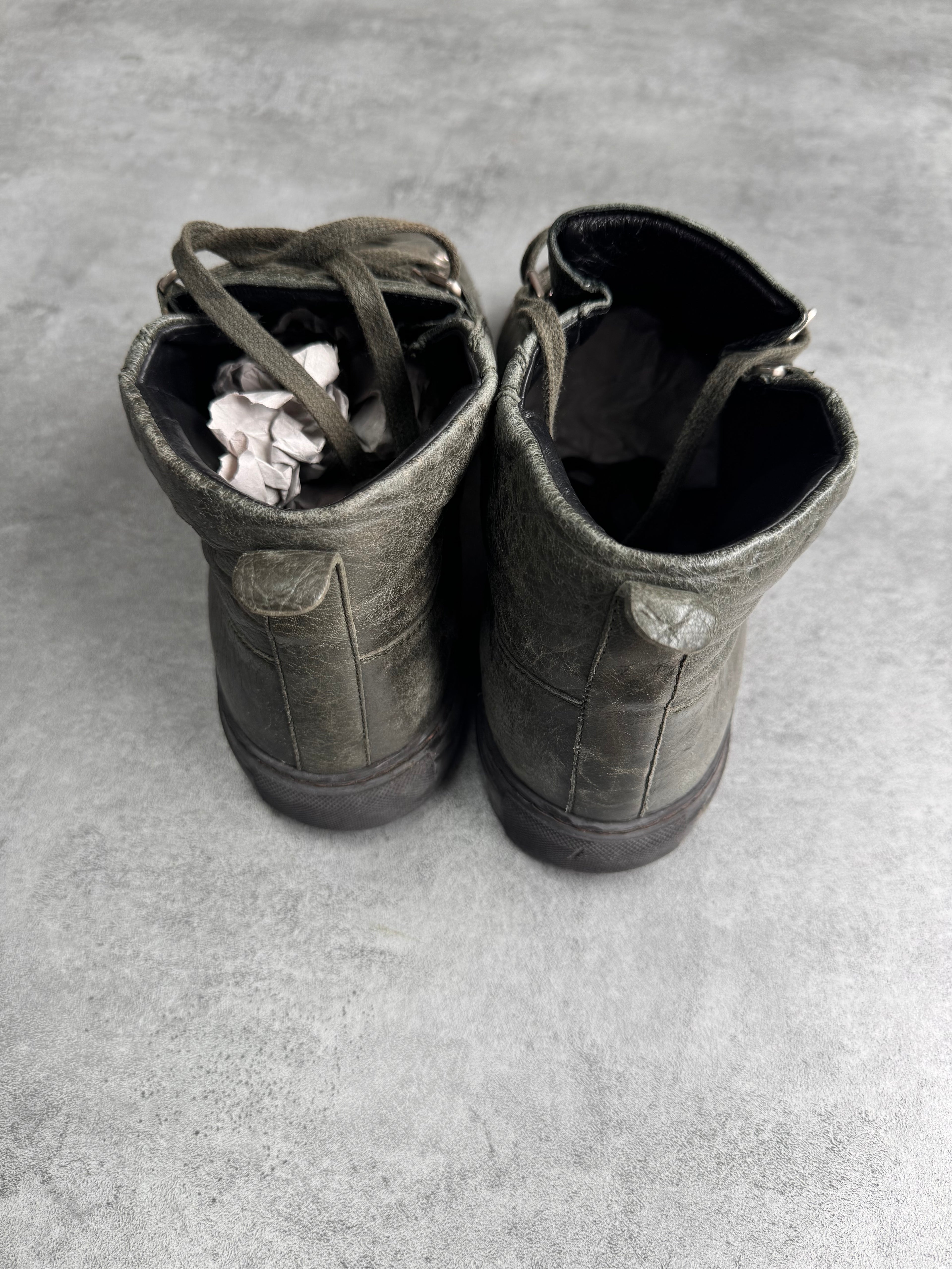 Balenciaga Arena High Kaki Cracked Leather Sneakers