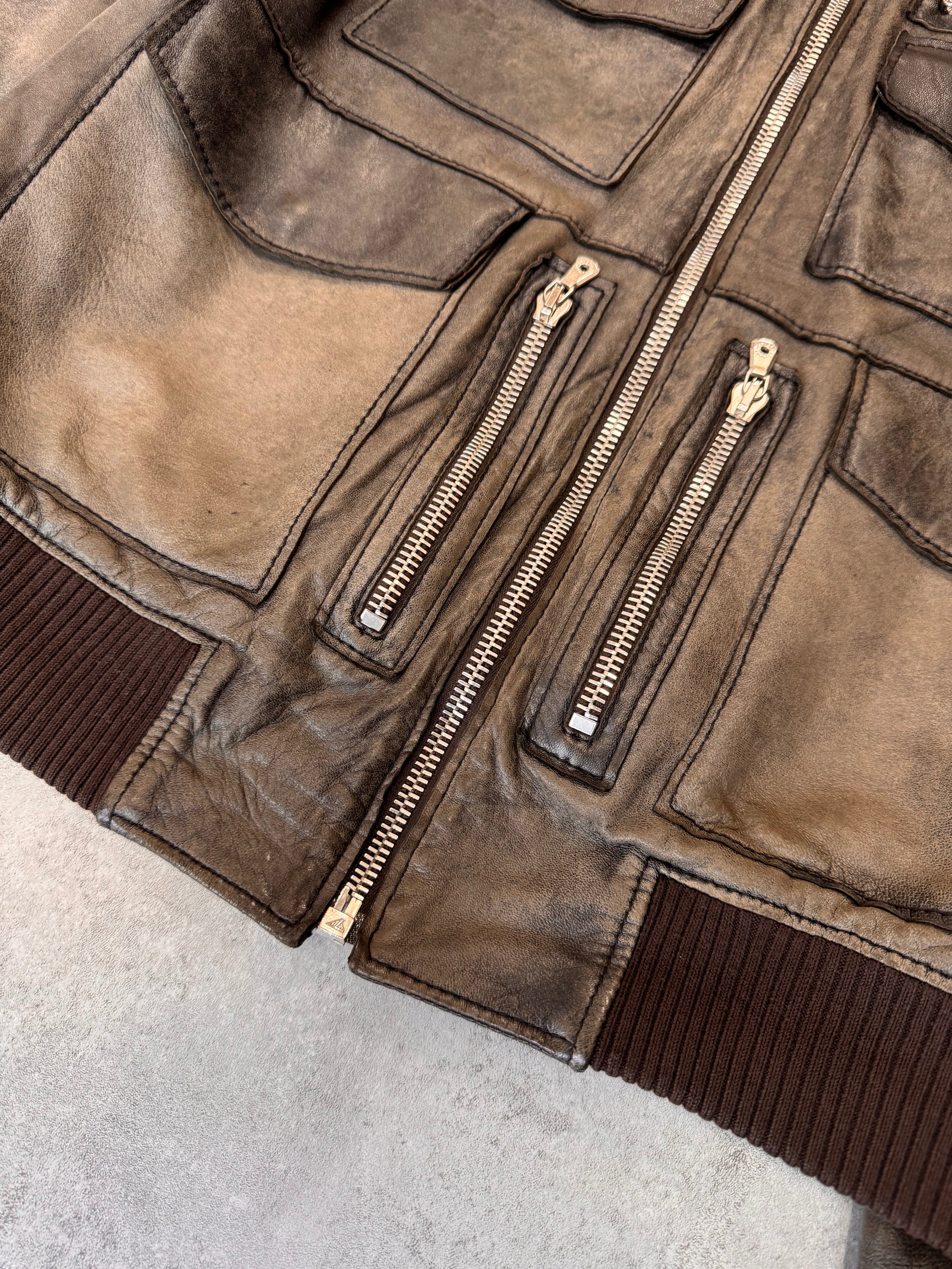 2000s Dolce & Gabbana Multi-Zip Green Brown Faded Leather Jacket