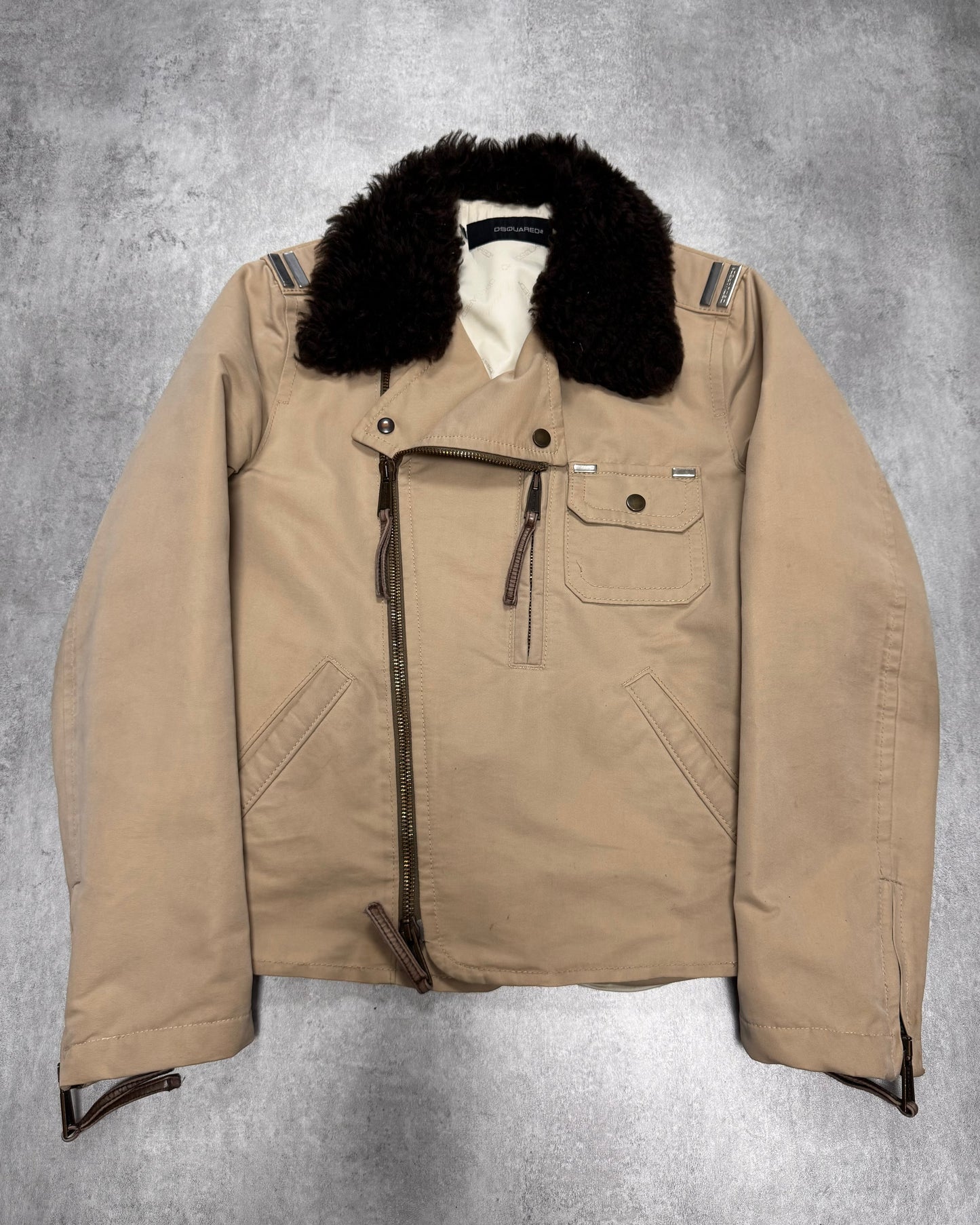 FW2005 Dsquared2 Astro Fur Collar Asymmetrical Beige Jacket (S)