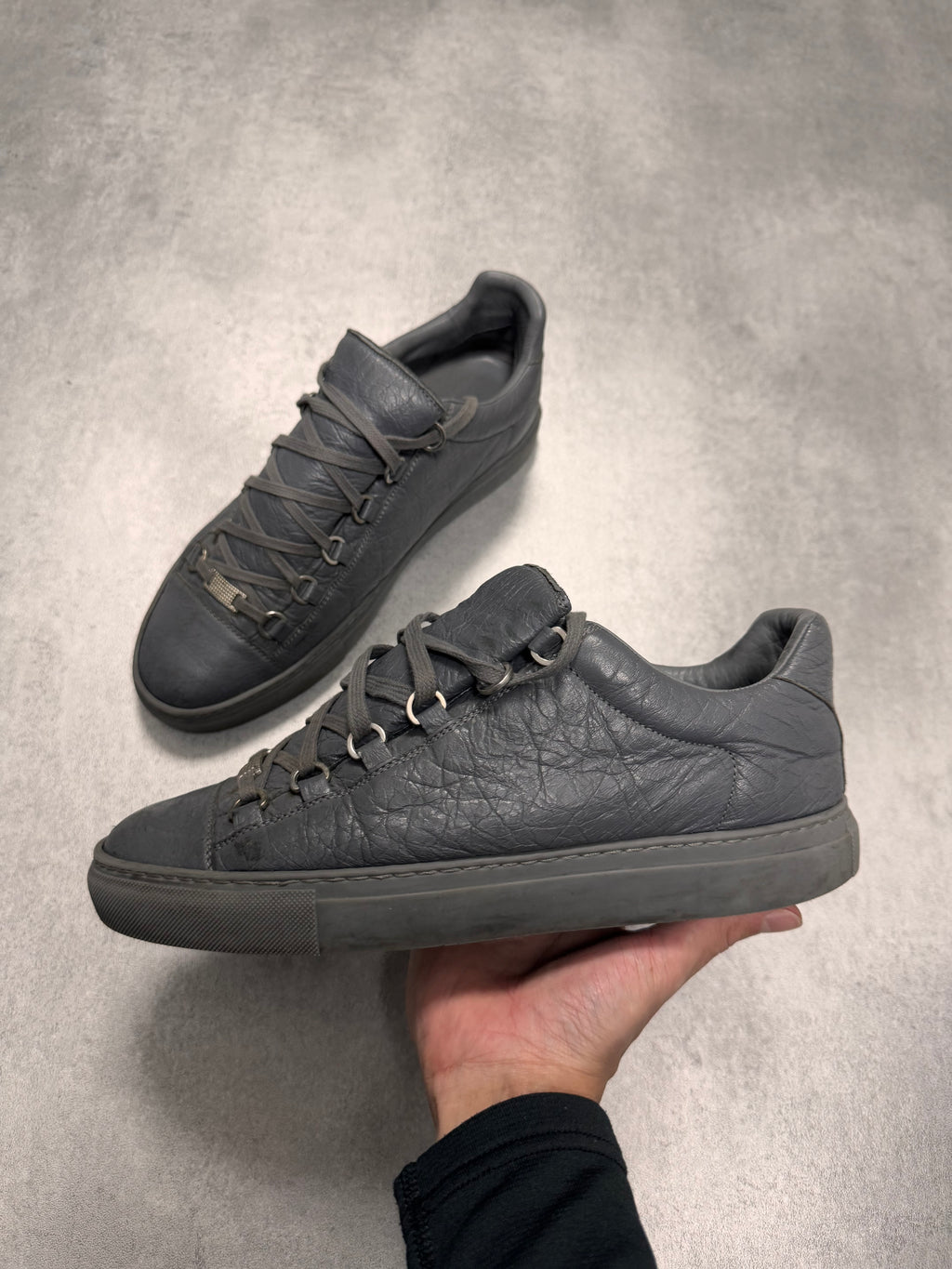 Balenciaga Arena Low Grey Cracked Leather Sneakers