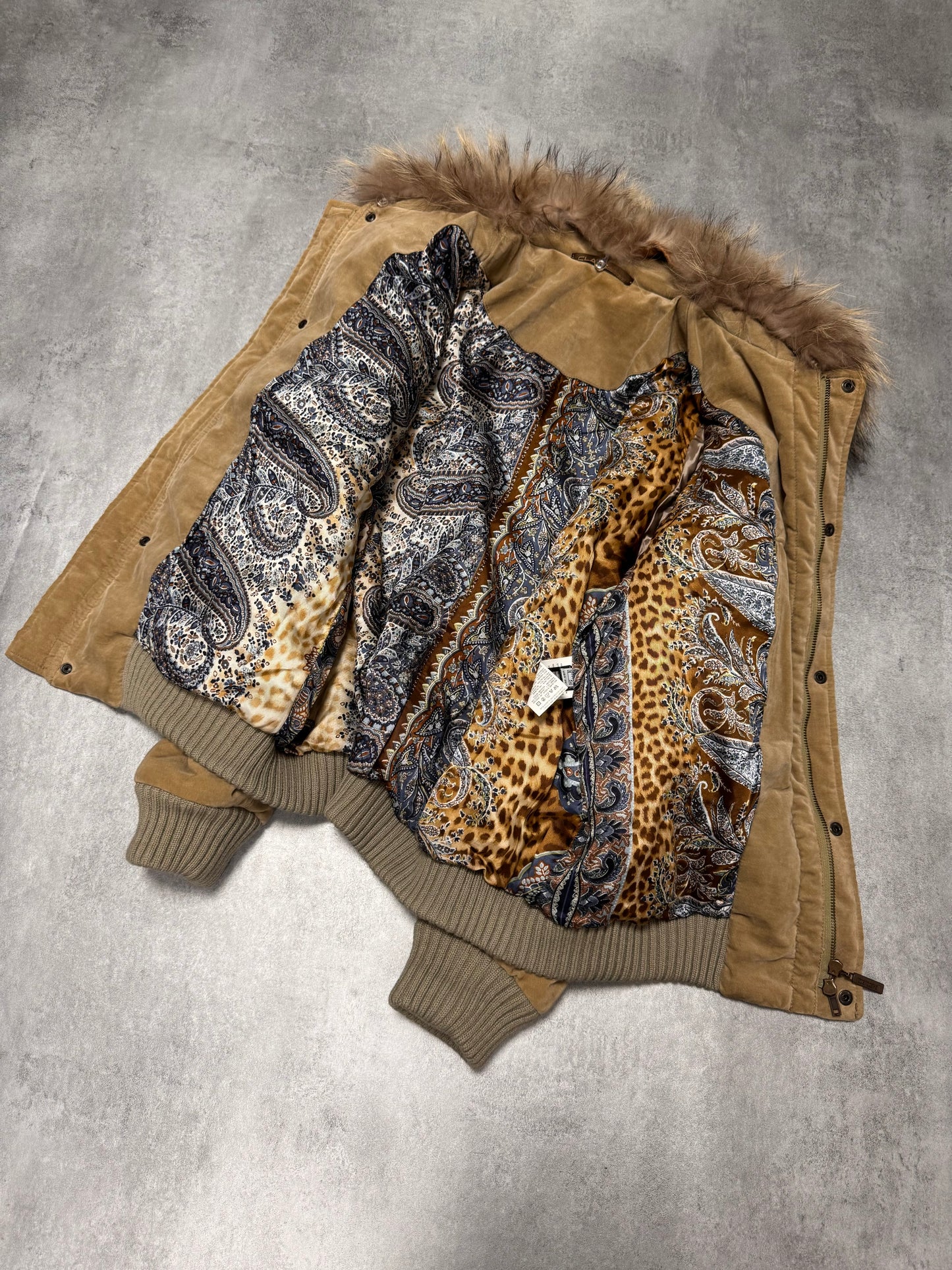 2000s Cavalli Fur Collar Beige Bomber Jacket (L)