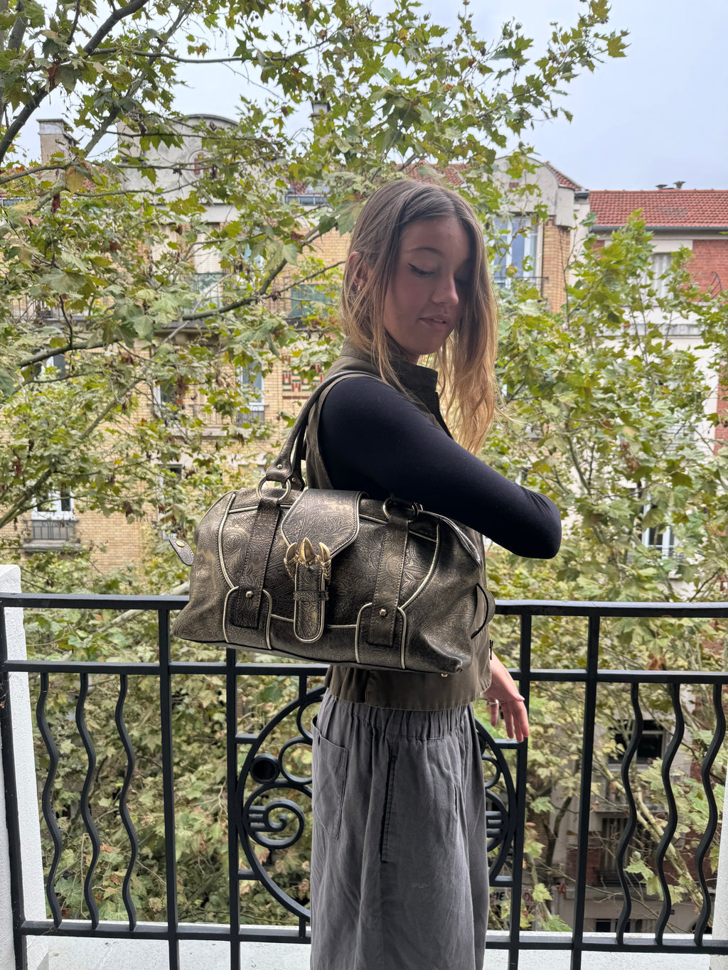 AW2007 Cavalli Gold Patterned Leather Buckle Bag