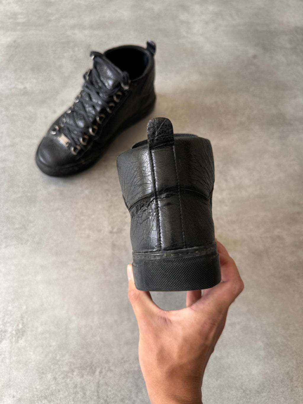 Balenciaga Arena High Black Cracked Leather Sneakers