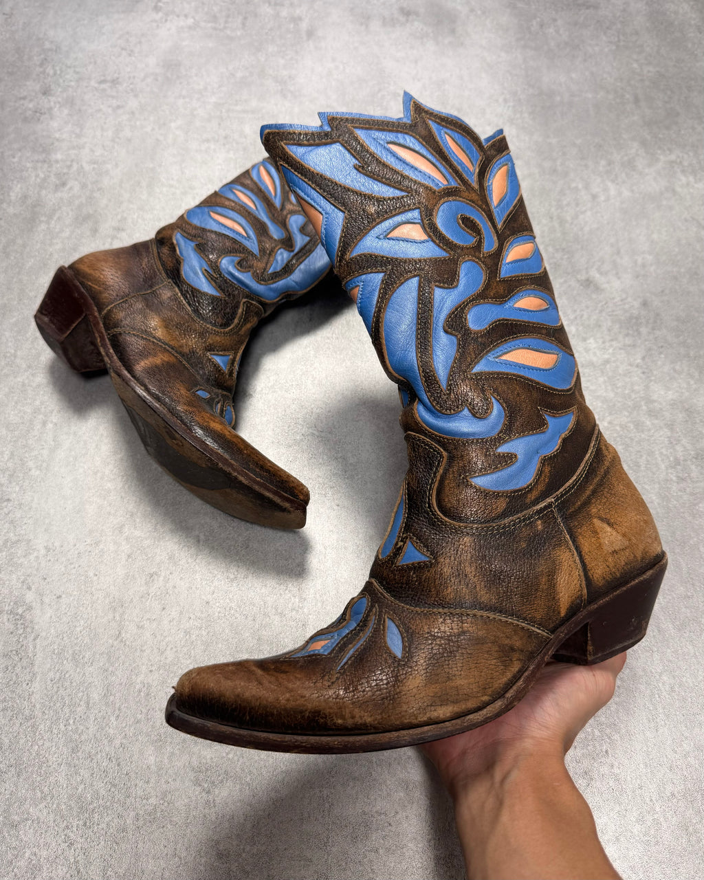 Roberto Cavalli Santiag Blue Fantasy Faded Leather Boots