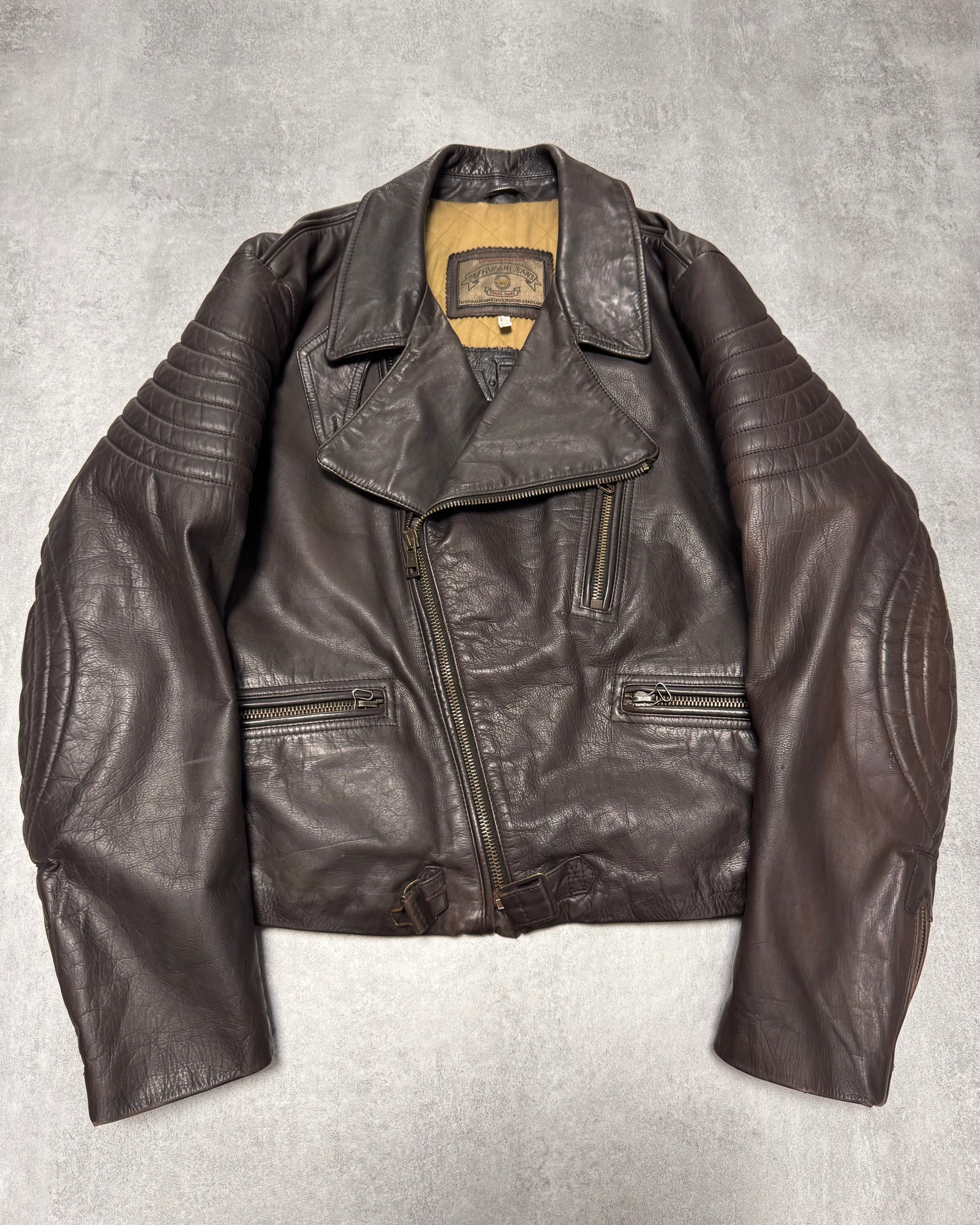 1990s Armani Aviator Bomber Brown Leather Cropped Jacket