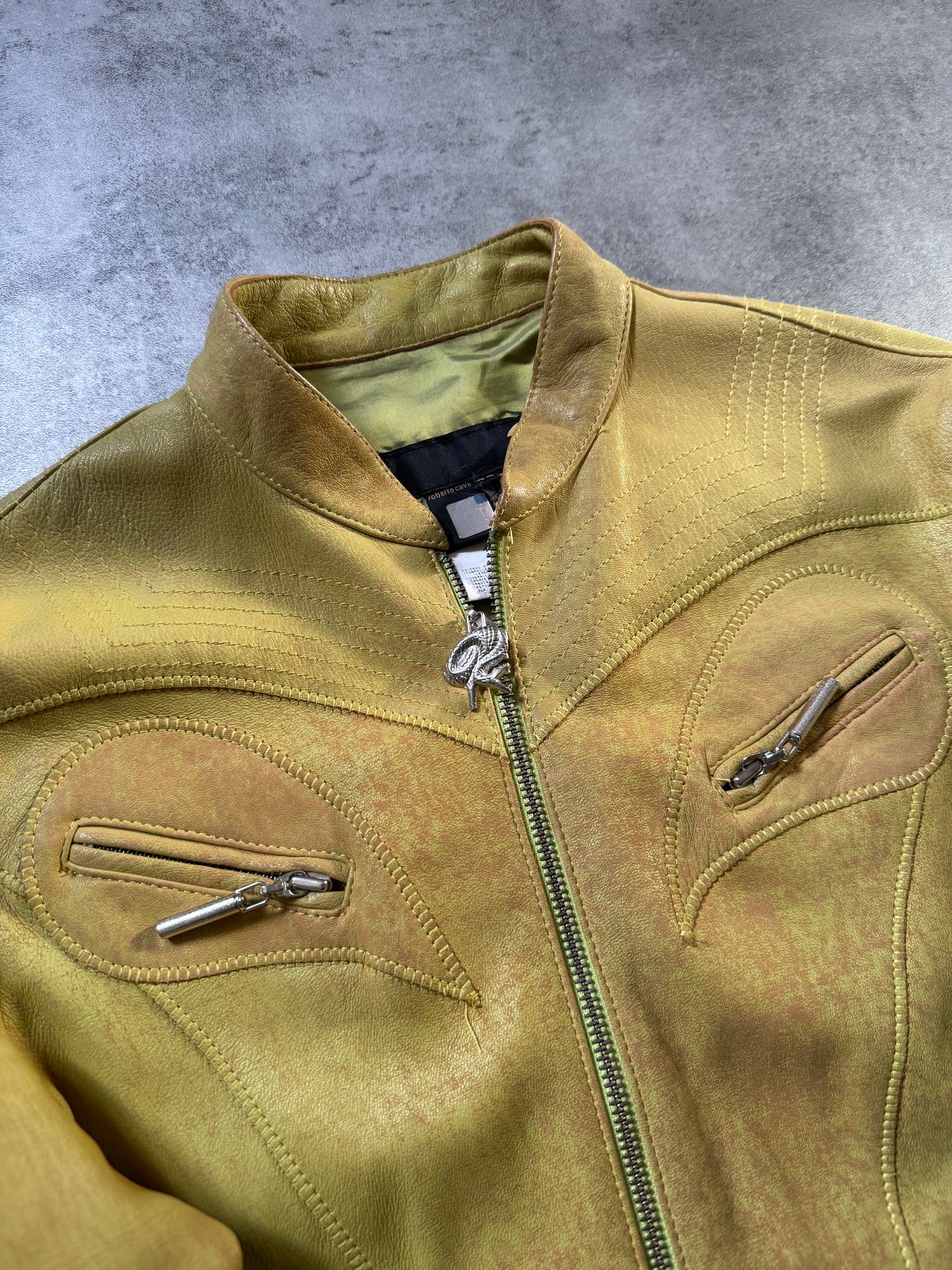 SS2004 Cavalli Sexy Biker Conceptual Yellow Leather Jacket (S) - 8