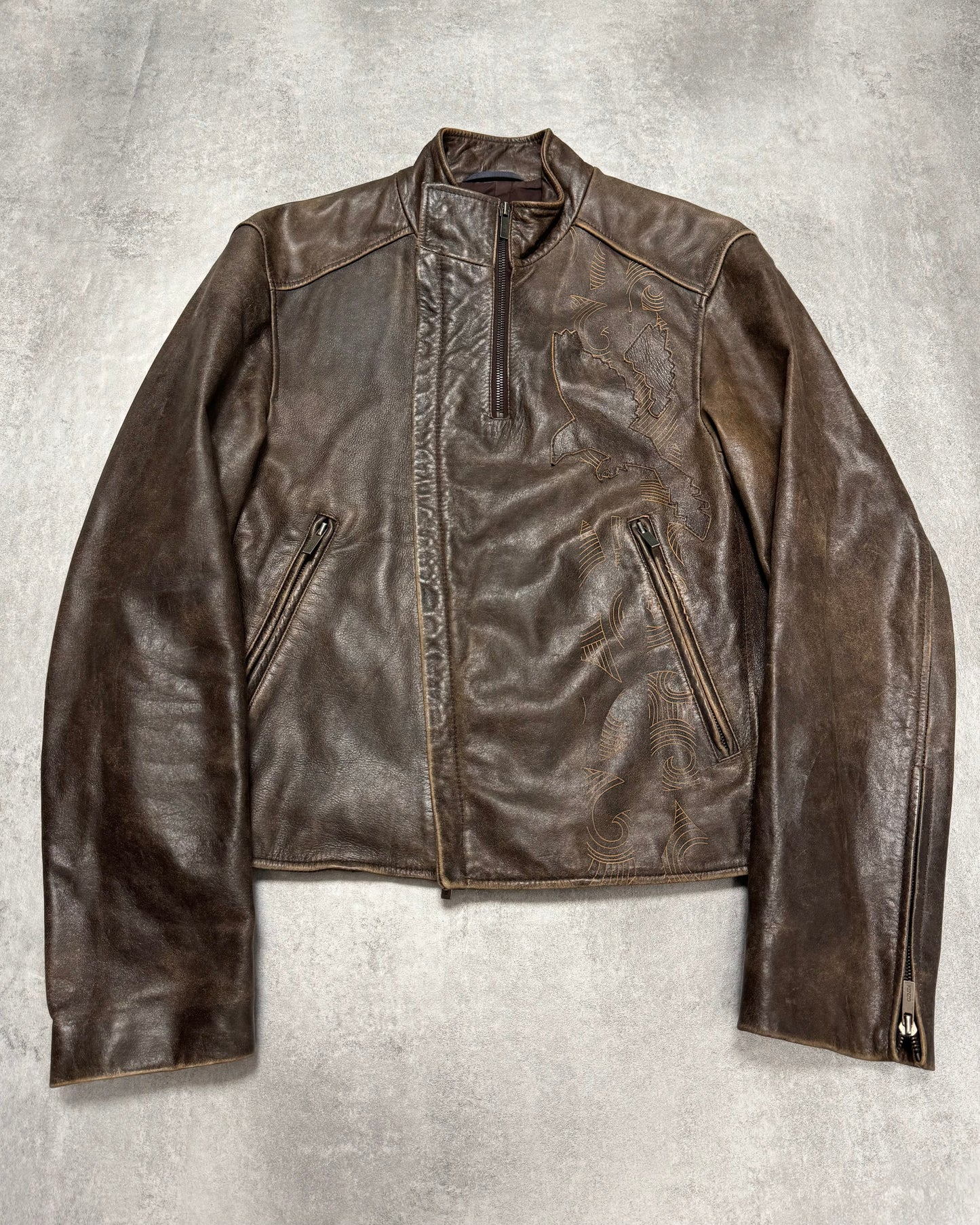 1990s Kenzo Bird Biker Brown Leather Jacket (S)