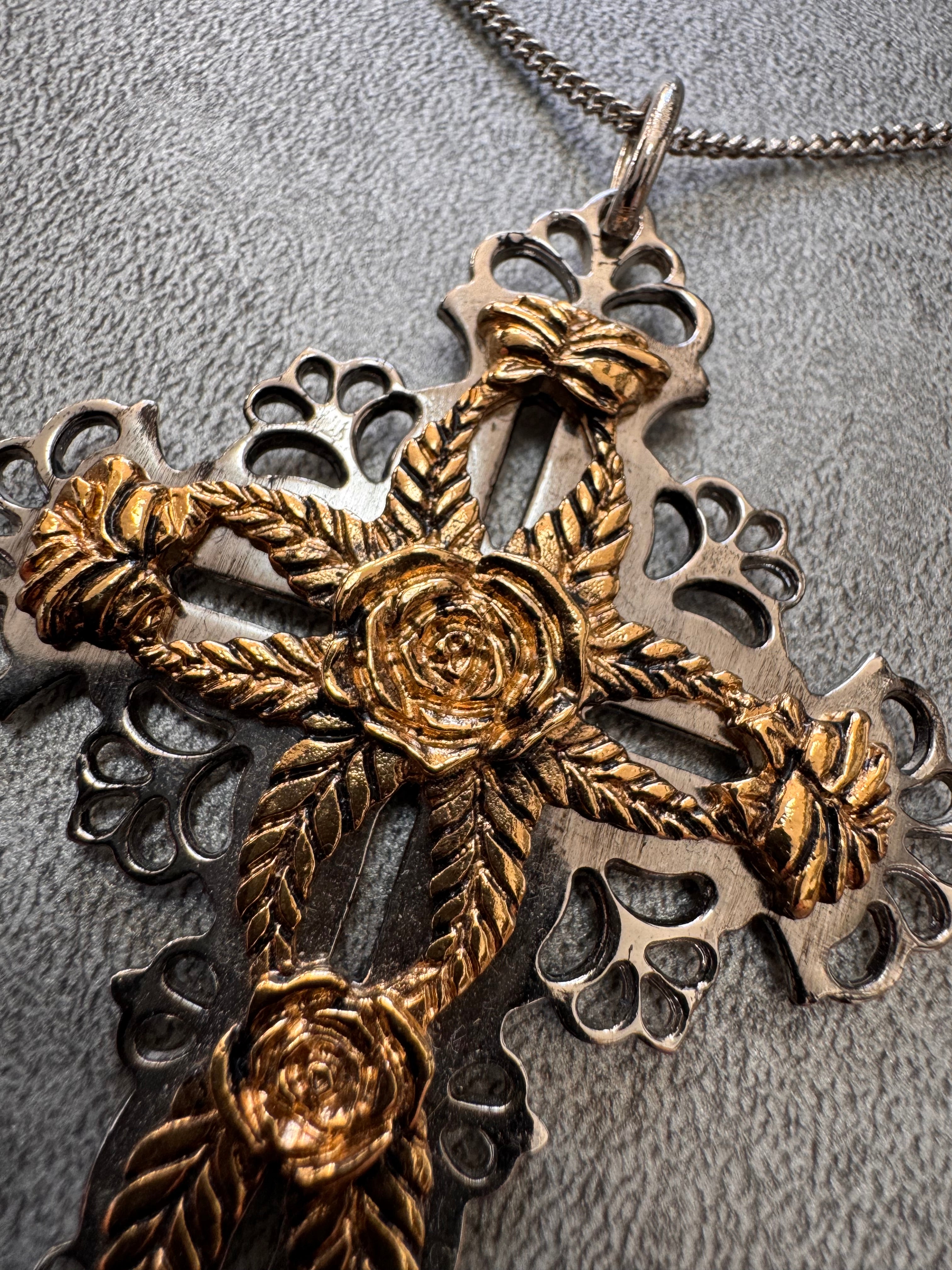 Roberto Cavalli Golden Roses Cross Pendant Stainless Necklace